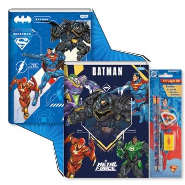 Imagem de Caderno Brochurão Liga da Justiça Menino Superman Batman Flash Metal Force + KIT Escolar (Azuis)