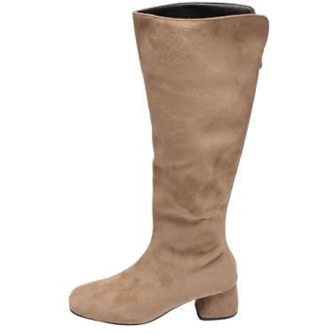 Imagem de Botas femininas modernas, casuais, versáteis, modernas, de inverno, salto grosso, sólido, salto médio, altura do joelho, Caqui, 34