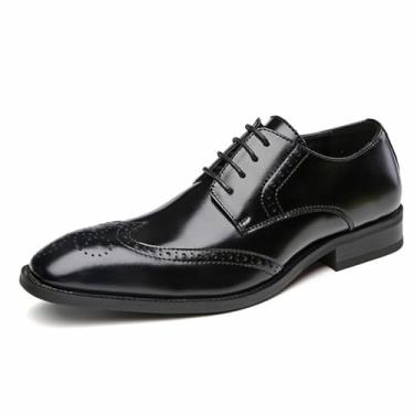 Imagem de Sapatos sociais masculinos de couro legítimo, sapatos Derby com cadarço estilo britânico, Preto, 9