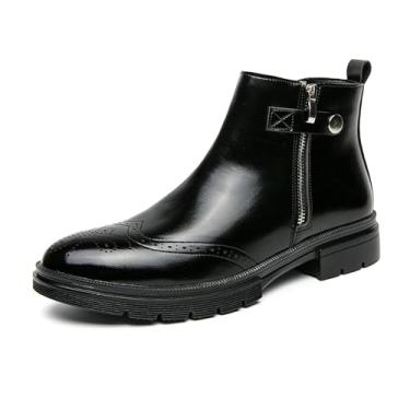 Imagem de Bota masculina Brogue no tornozelo casual com zíper lateral Chelsea botas de couro PU bico redondo, Preto, 43 BR