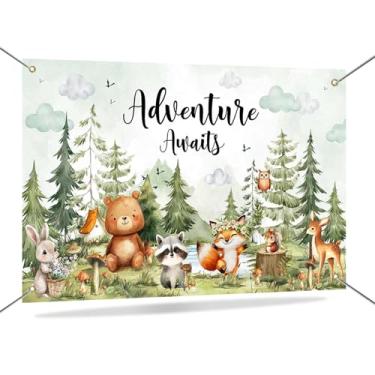 Imagem de Mocsicka Banner Adventure Awaits Cenário Floresta Animais Floresta Montanha Fundo de Chá de Bebê Let The Adventure Begin Decorações Selvagens Adereços de cabine de fotos 180 x 119 cm