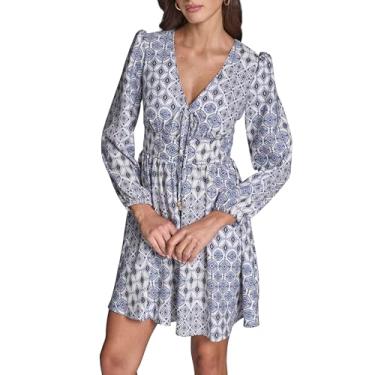 Imagem de BCBG Vestido feminino de manga comprida e gola V estampado na frente, Whisper Branco Preto Multi, 38