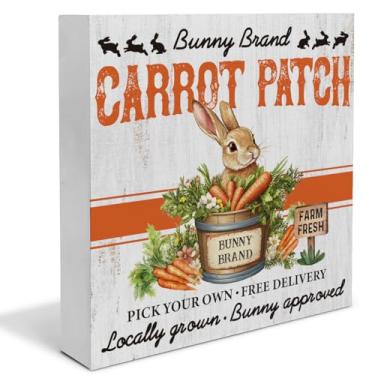 Imagem de Decoração de coelhinho da Páscoa, placa de caixa de madeira de coelhinho da Páscoa, placa de bloco de remendo de cenoura, decoração de casa para prateleira de mesa, cornija de 12 x 12 cm