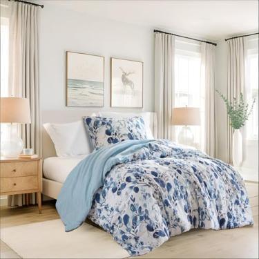 Imagem de Conjunto de edredom leve Seersucker botânico, tamanho solteiro, edredom de cama reversível, conjunto de cama de microfibra premium, conjunto de edredom e fronha, azul