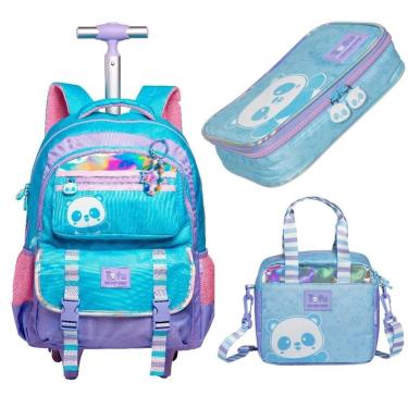 Imagem de Kit Mochila Com Carrinho alça nas costas com Lancheira e Estojo Box Panda-Unissex