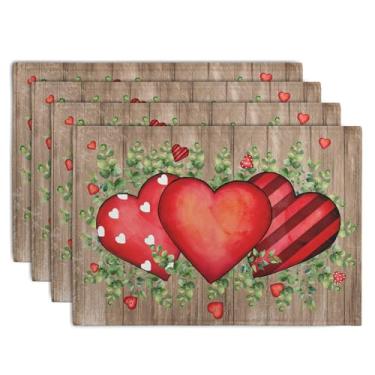 Imagem de Wnoesat Jogo americano de prancha de madeira para o dia dos namorados, jogo americano de 30 x 45 cm, folhas de eucalipto, coração, mesa de jantar, para casamento, lavável, resistente ao calor, para