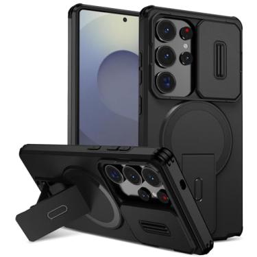 Imagem de POYUFRG Capa magnética para Samsung Galaxy S26 Ultra/S26 Plus/S26, capa fosca à prova de choque com capa de proteção para câmera com suporte dobrável, preta, S26 Ultra
