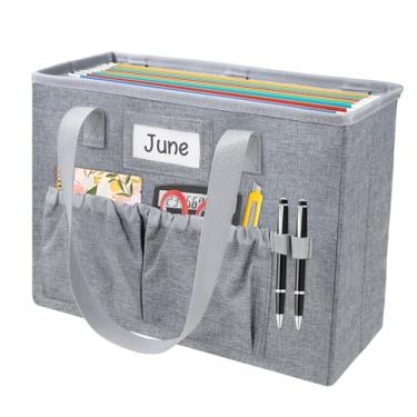 Imagem de abcxgood Caixa organizadora de arquivos de mesa, caixa de arquivo dobrável, organizador de armazenamento de documentos de escritório doméstico com bolso frontal e alças, pasta tamanho carta.