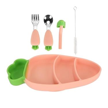 Imagem de Conjunto de suprimentos de alimentação de silicone para bebê Ainoli com garfo, colher, escova de limpeza de palha, conjunto de desmame em formato de cenoura (Rósea)