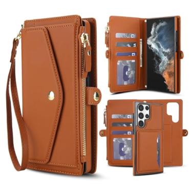 Imagem de Capa carteira para Samsung Galaxy S23 Ultra, capa flip magnética destacável com compartimentos para cartões, bloqueio RFID, suporte e alça de pulso, capa protetora para celular (marrom)