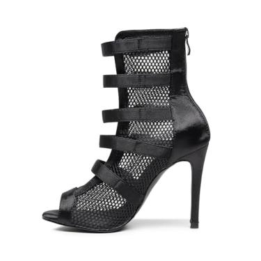 Imagem de BREXLI Botas femininas sexy salto alto salto alto 8,89 cm moda malha dança botas sexy cadarço até o tornozelo peep toe botas de dança, Preto 2, 40