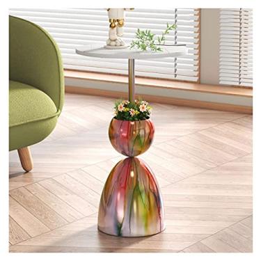 Imagem de Mesa de canto simples e moderna, redonda, pequena mesa lateral com detalhes para decoração de sala de estar, quarto, mesa de pedra com base de metal, mesa lateral de 35 x 55 cm, móveis domésticos