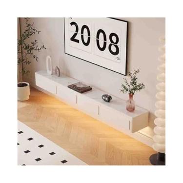 Imagem de Suporte de TV flutuante para console de mídia, branco, creme montado na parede, centro de entretenimento flutuante para televisões, suporte de TV moderno com luz LED para casa, sala de estar, centro