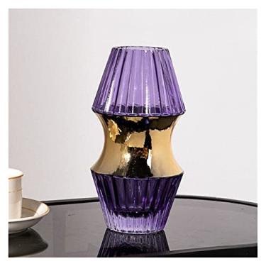 Imagem de Vaso de vidro colorido moderno padrão vertical anel de borda dourada arranjo de flores hidropônico vaso de flores peças centrais de decoração de móveis domésticos (pequeno)