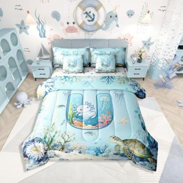 Imagem de Erosebridal Conjunto de cama de 7 peças Axolotl para meninas, meninos, solteiro, letra U, fofo, oceano azul, salamandra, em uma bolsa com lençol com monograma de desenho animado axolote para crianças