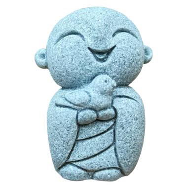 Imagem de livelyfish Buda Japonês Bosatsu Feng Shui Estátua de Monge Rezando Arenito Feliz/Sorridente Estatueta em Miniatura Ornamento para Aquário Aquário Casa Jardim Decoração (C)