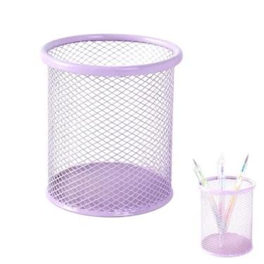 Imagem de Copo organizador de mesa de malha de arame em roxo, suporte elegante para canetas e utensílios
