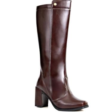 Imagem de Bota Feminina Lumiss Cano Alto Salto Alto Bloco Bico Quadrado Confortável marrom40