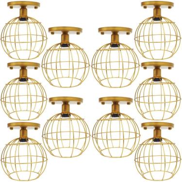 Imagem de 10 Lustres Teto Plafon Industrial Aramado Globo Retrô Luminária Sobrepor Vintage Dourado AgpIlumini