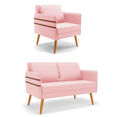 Imagem de Kit 01 Namoradeira E 01 Poltrona Suede Castanho Rosa Bebê