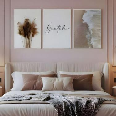 Imagem de Kit 3 Quadros Boho Bege Mar Gratidão Moldura - Equadros, Branca