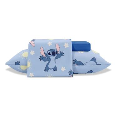 Imagem de Jogo Lençol Solteiro Disney Stitch  Toque Seda 3 Pçs Jolitex Azul