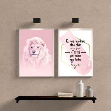 Imagem de Quadros Leão Rosa 33x24cm Moldura Branca