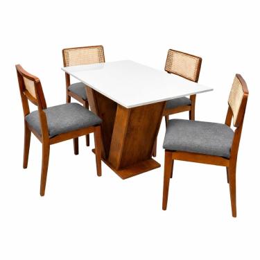 Imagem de Mesa de Jantar Classic 120x80cm com Vidro e 4 Cadeiras Canada em Linho Madeira Cel Móveis Cor Cinamomo Off White com Tecido Cinza