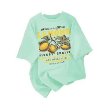 Imagem de Camiseta Feminina Solta De Algodão Com Estampa De Limão, Gola Redonda,