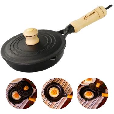 Imagem de Frigideira Para Omelete Com Tampa de Ferro Fundido Cabo de Madeira Egg Pan Santana