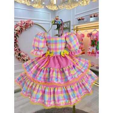 Imagem de Vestido Infantil Junino Arraiá Capira Xadrez Colorido Rosa - Fabuloso 