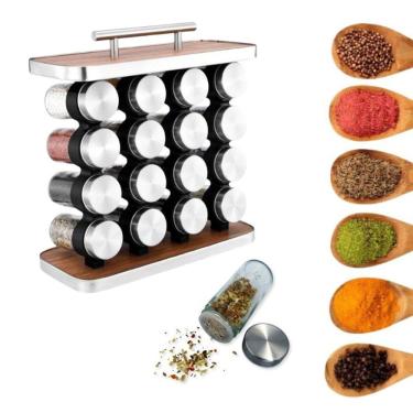 Imagem de Porta Temperos Aço Inox e Madeira com 16 Potes de Vidro 80ml para Organização em Cozinha Inox Globalmix