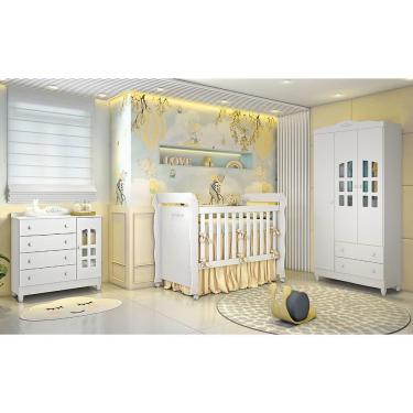 Imagem de Quarto Infantil Provençal Guarda Roupa 3 Portas, Cômoda 4 Gavetas com Porta, Berço Mini Cama Provençal Lisa Br Brilho Carolina Baby