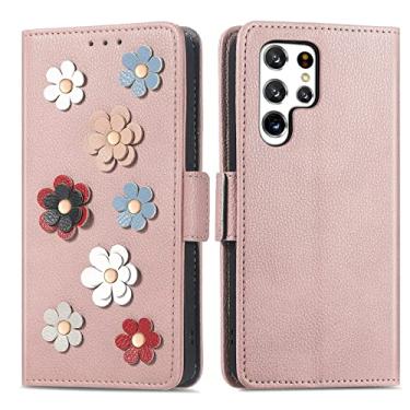 Imagem de Capa flip para Samsung Galaxy S22/S22 Plus/S22 Ultra, capa carteira de couro legítimo com estampa de flores com compartimentos para cartões Capa para celular para meninas, mulheres, rosa, S22 Ultra 17,8 cm