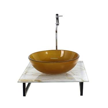 Imagem de KIT CUBA DE VIDRO REDONDA 10MM COM TAMPO DE VIDRO 40CM X 40CM MÁRMORE BRANCO DOURADO E SUPORTE TORNEIRA VALVULA