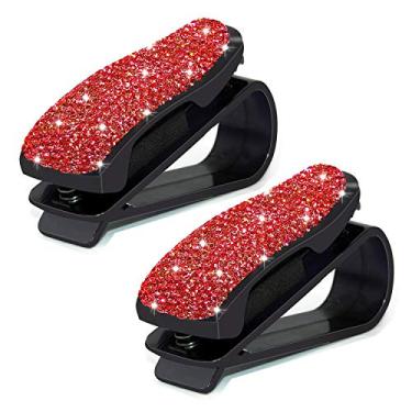 Imagem de CHIMUYU Suportes para óculos de sol de carro, 2 unidades de strass brilhantes de cristal para óculos de sol para carro, suporte para pendurar com clipe para cartão de bilhete para mulheres e meninas (vermelho)