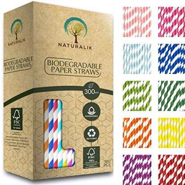 Imagem de Naturalik Pacote com 300 canudos de papel multicoloridos extra duráveis - Canudos de papel premium biodegradáveis para sucos, restaurantes e decorações de festas, 19,6 cm (multicolorido, 300)