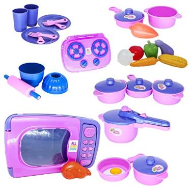 Imagem de Menina Cozinha Infantil Eletro Jogo Panela Microondas 30pç