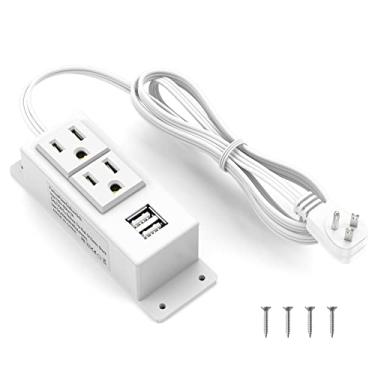Imagem de Kungfuking Tira de energia com USB, tira de alimentação de proteção contra sobretensão de soquete montável na parede com 2 saídas CA e 2 portas de carregamento USB cabo de extensão branco 1,56 m, plugue plano