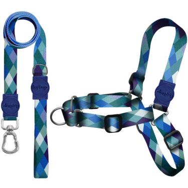 Imagem de Kit Guia Premium + Peitoral Antipuxão Dog Trip Brasil Quadriculada Azul para Cães - Tam. P
