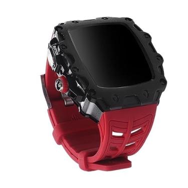 Imagem de EPANO Kit de modificação para iWatch série 7 6 5 4 SE capa de metal com tela de vidro para Apple Watch 44mm 45mm capa de amortecedor de borracha (cor: vermelho preto-W, tamanho: 45mm para 7)