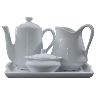 Imagem de Jogo Café e Chá Mesa Posta, Bandeja + Bule Bico Longo 550ml + Açucareiro100ml + Jarra Leiteira 700ml - Kit Porcelana