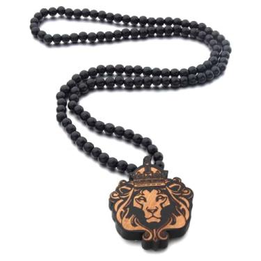 Imagem de Hpory Colar com pingente de cabeça de leão, pingente de contas de madeira, colar de rei leão, colar de joias com pingente de presente, Medium, hom, tecido