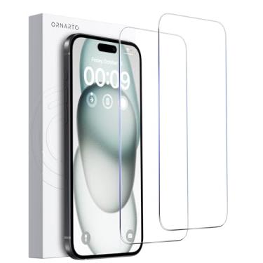 Imagem de ORNARTO Pacote com 2 protetores de tela projetados para iPhone 15 Pro Max e iPhone 15 Plus [6,7 polegadas], película de vidro temperado com dureza 9H, transparente HD, compatível com ilha dinâmica, compatível com capas