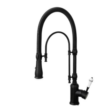 Imagem de Torneira de cozinha de latão dourado com alça única, pulverizador pull-down de modo duplo, torneira para pia de cozinha com alça de porcelana, preta