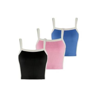 Imagem de BEAUDRM Blusa feminina Y2K com alças finas contrastantes de 3 peças cropped cropped slim fit blusa de malha canelada, Multicolorido B, M