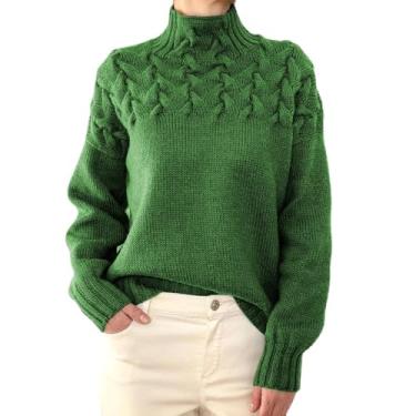 Imagem de Suéter feminino casual de malha de cor sólida pulôver de manga comprida suéter de gola rolê, Verde, G