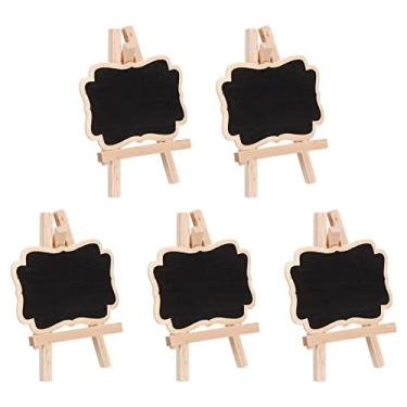 Imagem de PATIKIL Mini placas de quadro-negro de 8,4 cm x 12 cm, pacote com 5 etiquetas pequenas de lousa com suporte de cavalete ondulado de madeira para buffets de comida, festa de casamento, preto