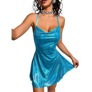 Imagem de Camisa Feminina Draped Collar Crisscross Backless Metallic Cami Dress (Color : Mint Blue, Size : M)