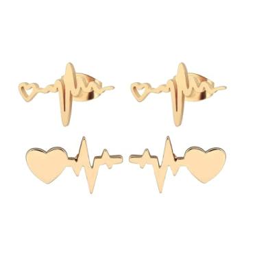 Imagem de 2 pares de brincos de aço inoxidável, coração, batimento cardíaco, eletrocardiograma, presente de dia dos namorados, presente de enfermeira e médico, Aço inoxidável, Sem pedra preciosa